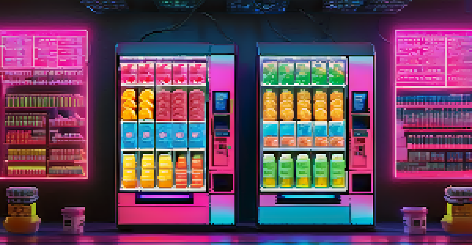 A futuristic vending machine representing an Automated Market Maker system, surrounded by glowing liquidity pools and data streams.