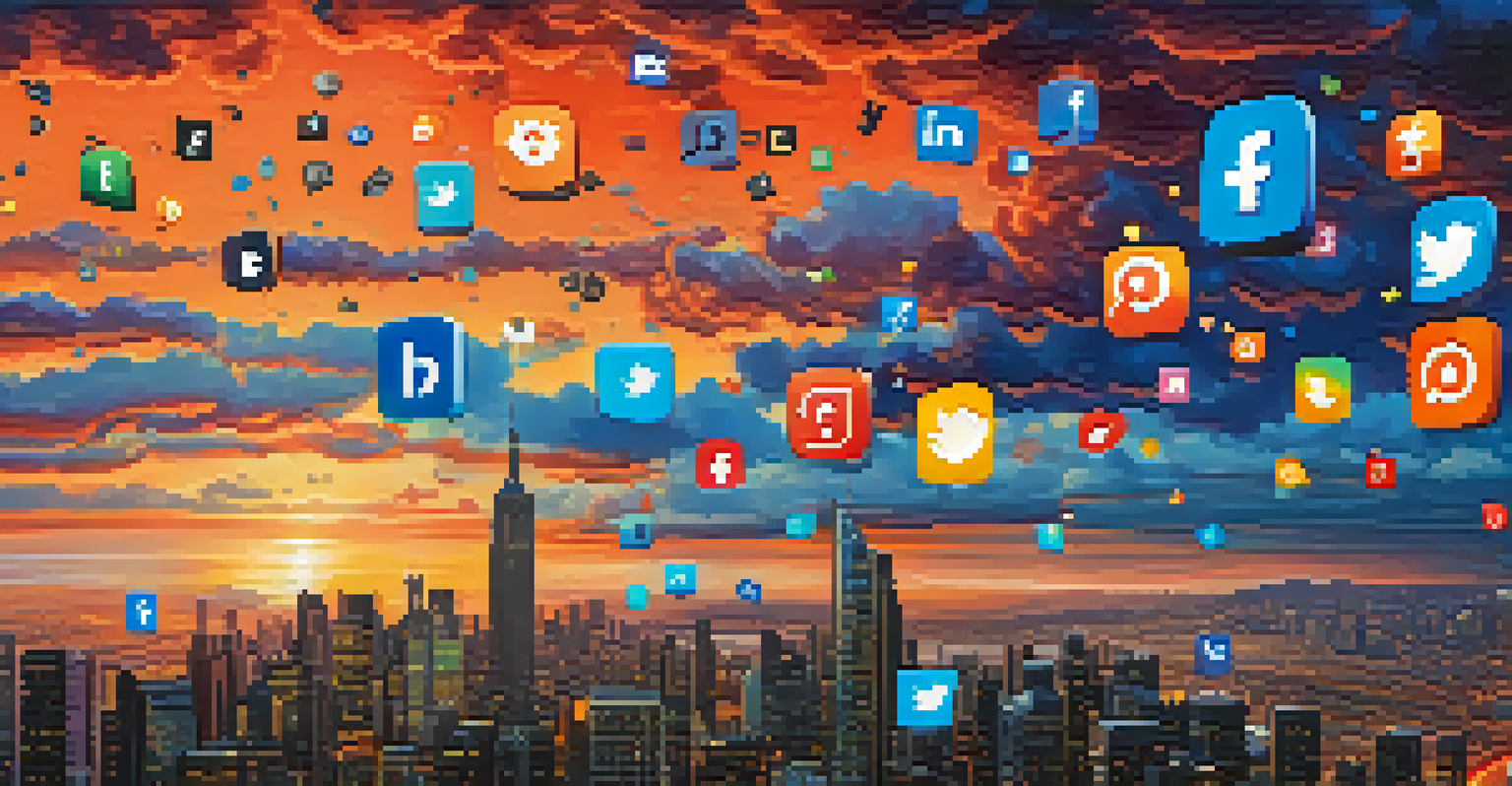 A city skyline with social media icons floating above, illustrating the influence of social media on cryptocurrency sentiment.