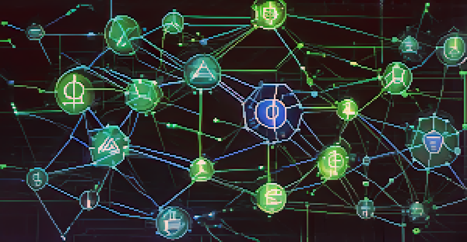 An artistic depiction of a glowing blockchain network with interconnected nodes and elements representing smart contracts and digital currencies.