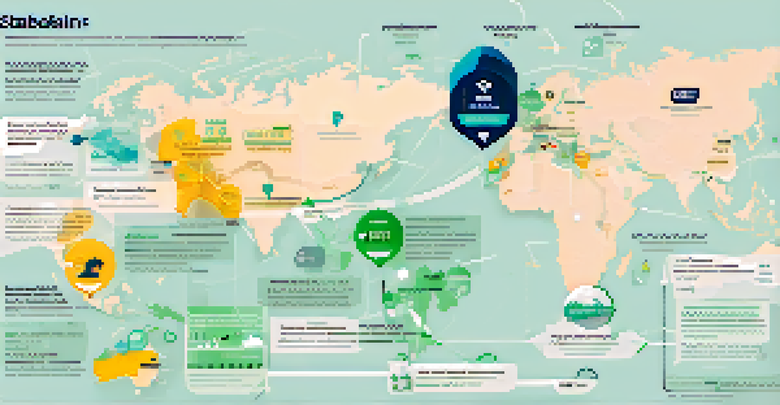 An infographic illustrating the benefits of stablecoins in international money transfers, featuring a world map and icons.