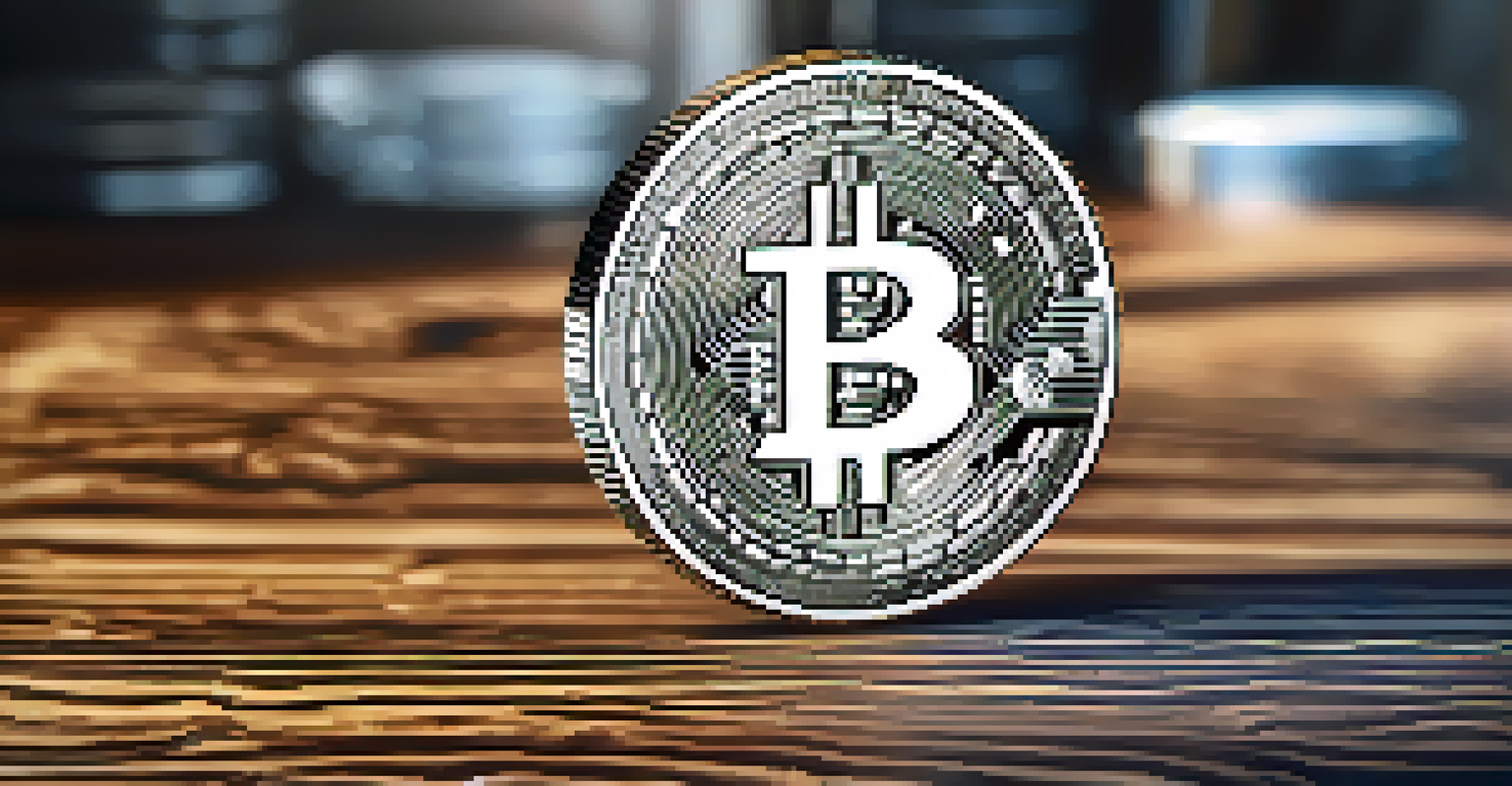 A shiny silver cryptocurrency coin with intricate designs resting on a textured wooden table, illuminated by soft lighting.