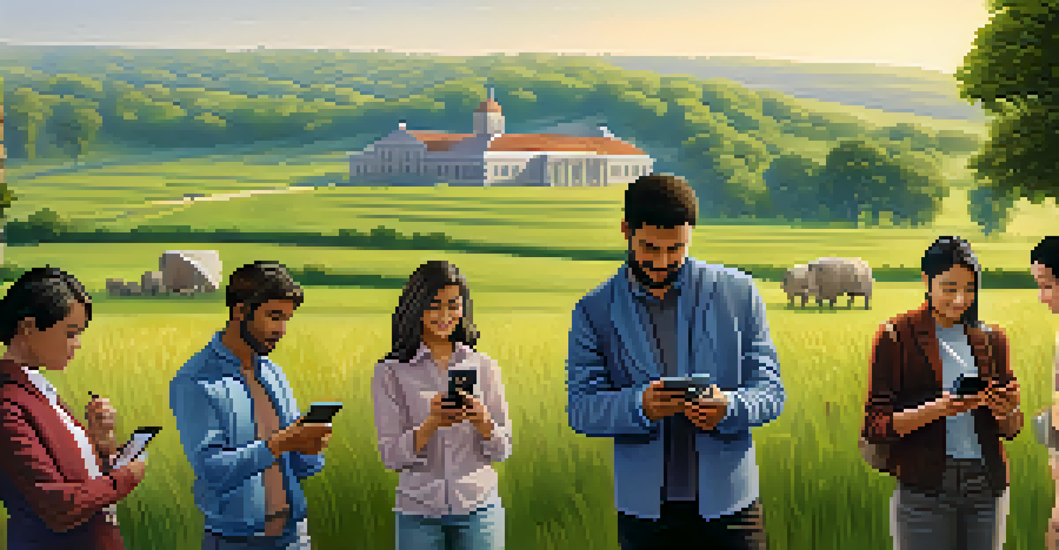 A diverse group of people in a rural area using smartphones for digital currency transactions, with a bank building in the background.