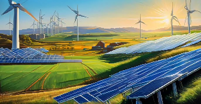 A peaceful view of a cryptocurrency mining facility utilizing wind and solar energy, with clear skies and vibrant colors.