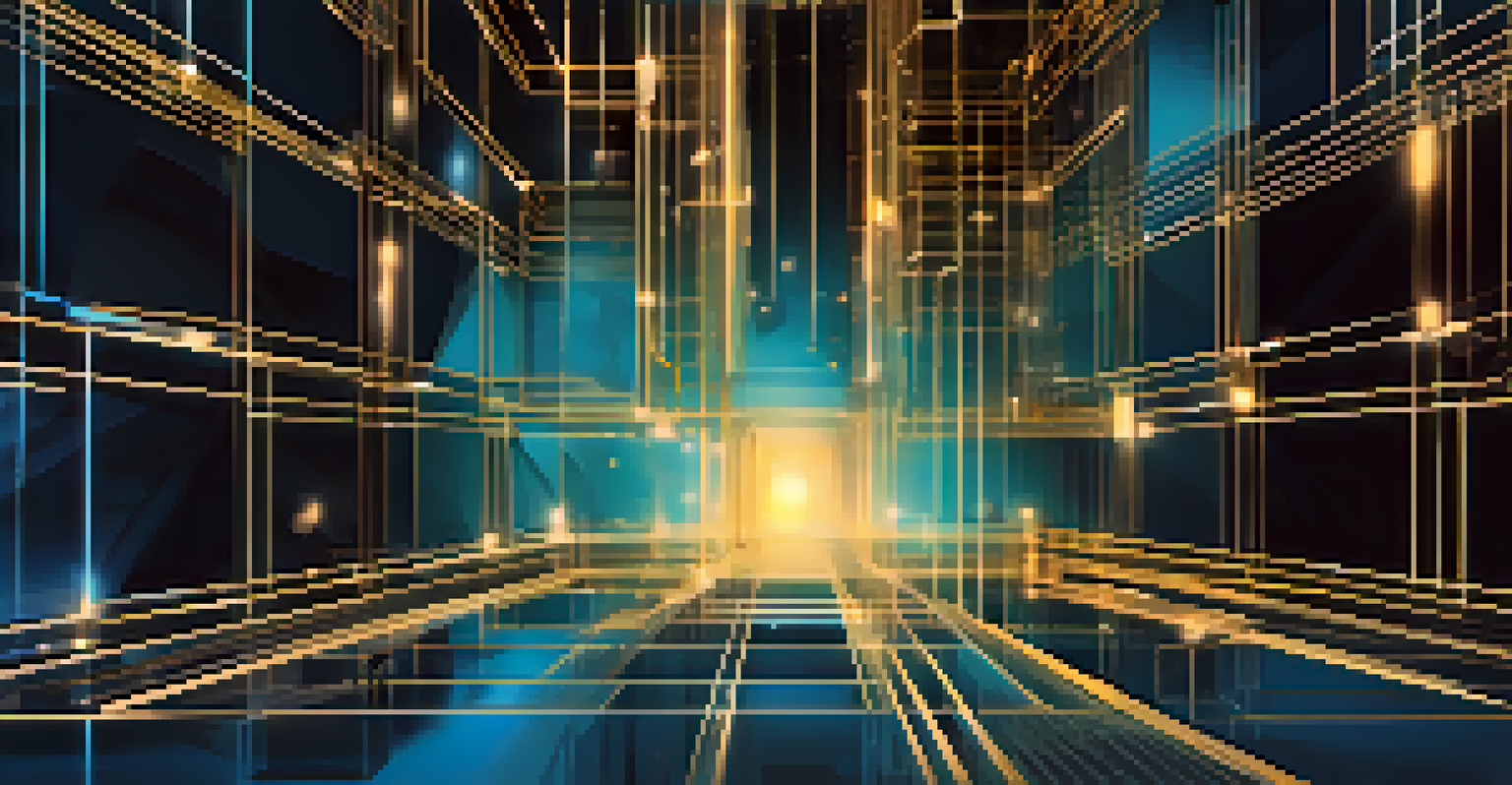 An abstract image depicting interconnected blockchain blocks with glowing lines on a gradient background, symbolizing transactions and innovation in finance.