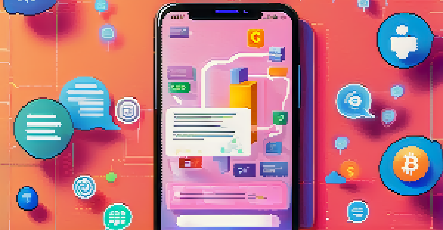 A smartphone displaying an AI chatbot interface for cryptocurrency trading assistance, featuring friendly icons and a colorful background.
