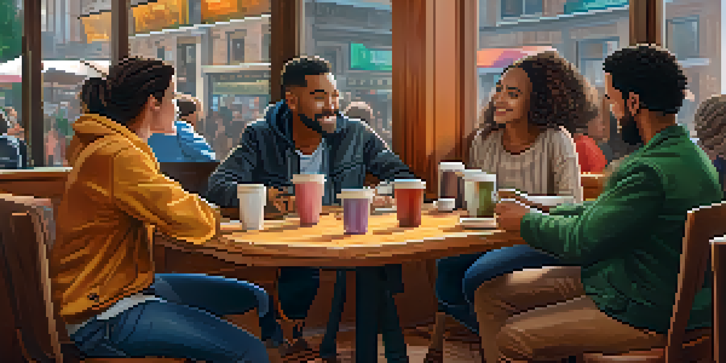 A diverse group of people discussing cryptocurrency in a cozy café, surrounded by warm lighting and wooden furniture.