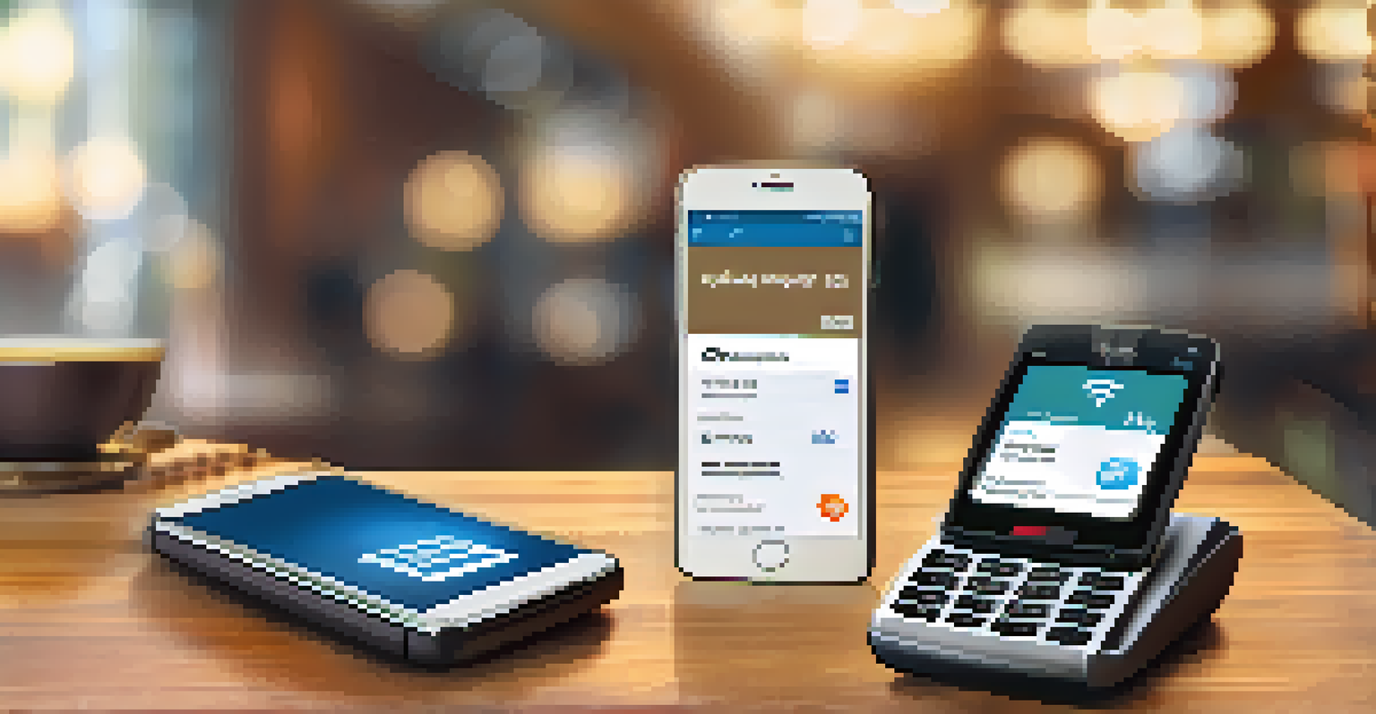 A collection of smartphones displaying mobile payment apps and QR codes on a wooden table with a coffee cup.