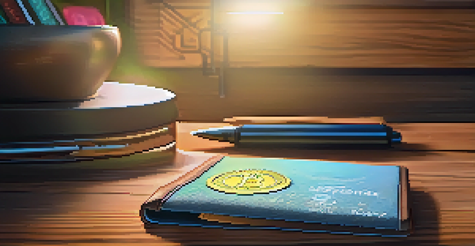 A modern cryptocurrency wallet on a wooden desk with a glowing screen showing a digital balance, surrounded by coins and a notebook with backup phrases.