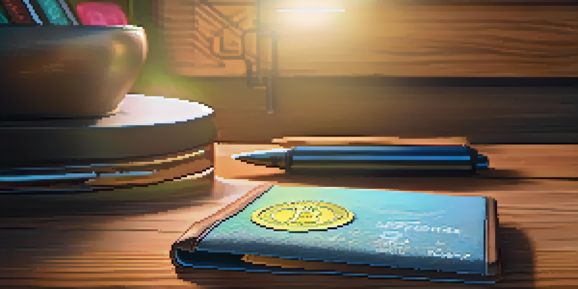 A modern cryptocurrency wallet on a wooden desk with a glowing screen showing a digital balance, surrounded by coins and a notebook with backup phrases.