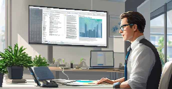 A professional auditor examining code on a computer in an office, with a potted plant and natural light in the background.