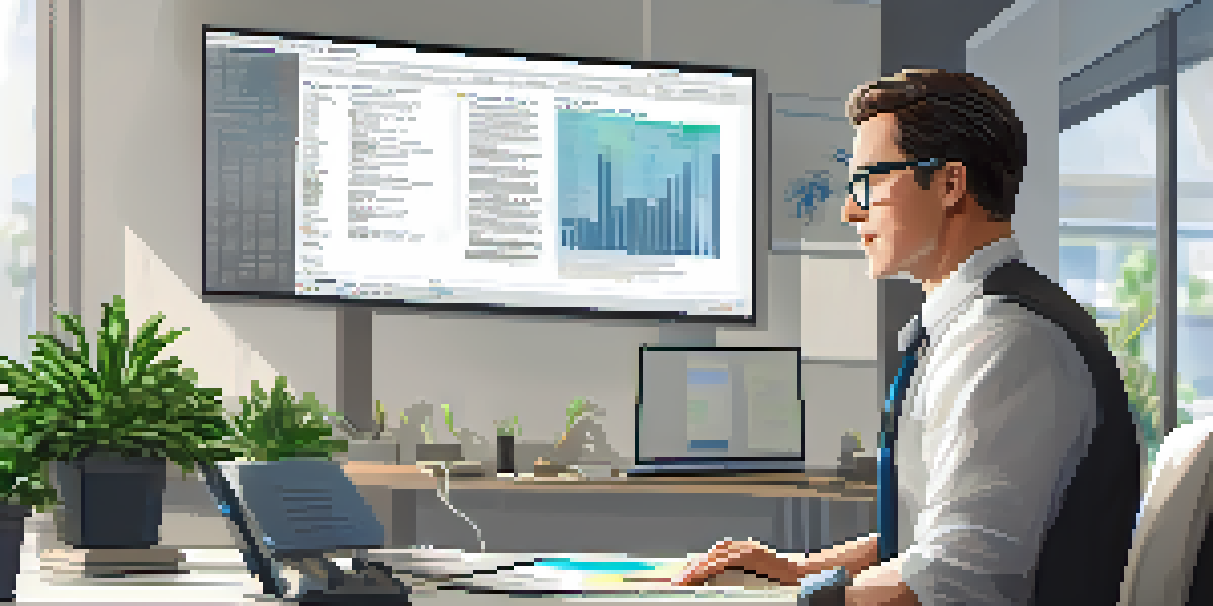 A professional auditor examining code on a computer in an office, with a potted plant and natural light in the background.