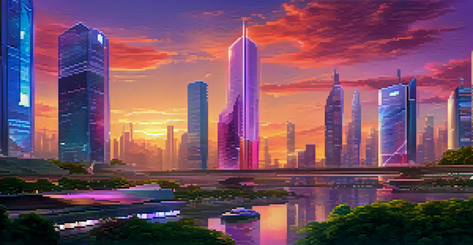 A futuristic skyline of a smart city at sunset with greenery, digital screens showing cryptocurrency transactions, and drones flying above.