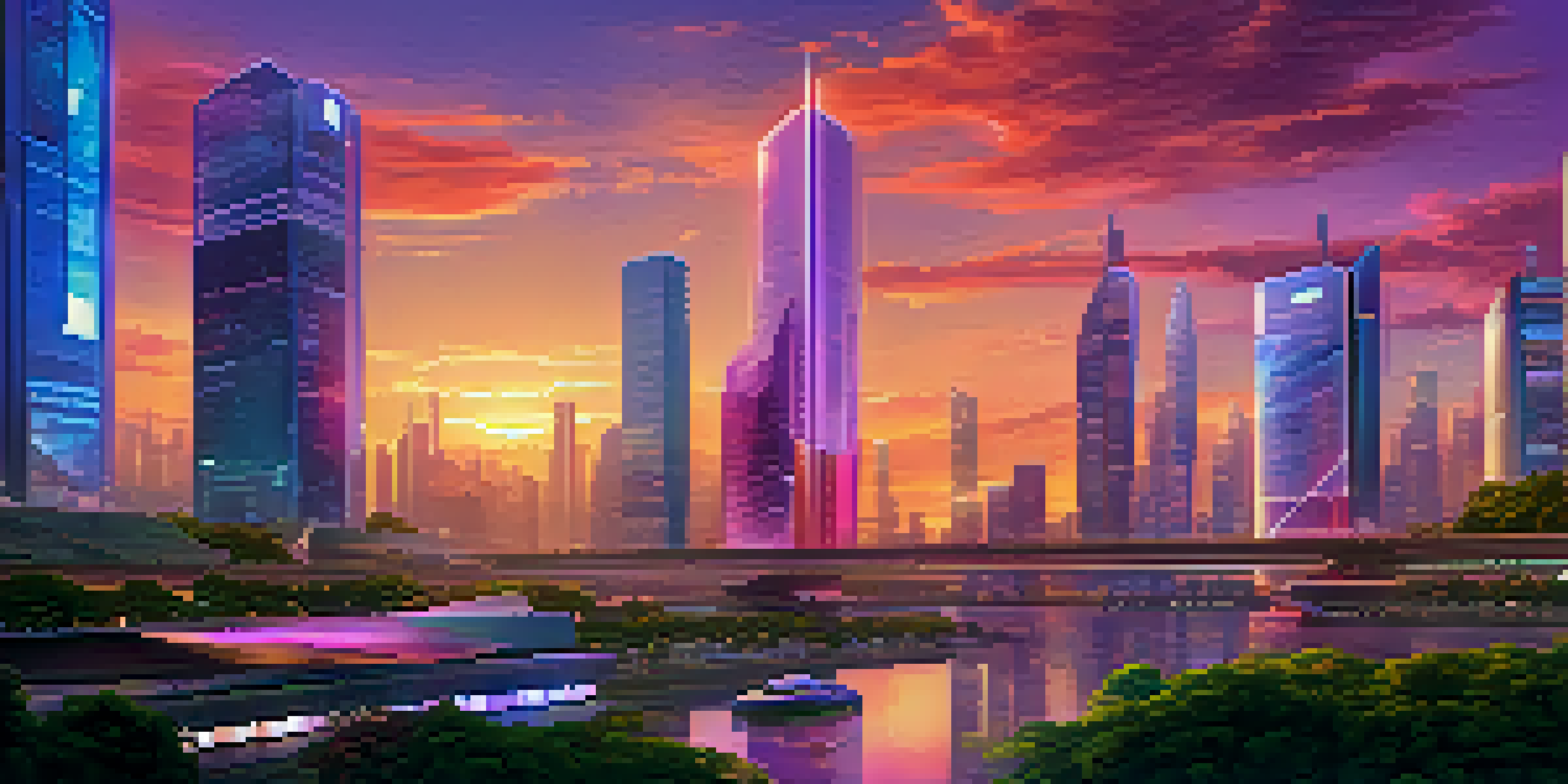 A futuristic skyline of a smart city at sunset with greenery, digital screens showing cryptocurrency transactions, and drones flying above.
