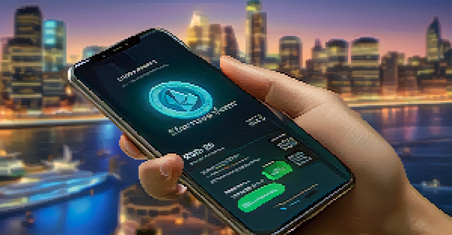 A close-up of a hand holding a smartphone with a cryptocurrency wallet app against a blurred cityscape background.