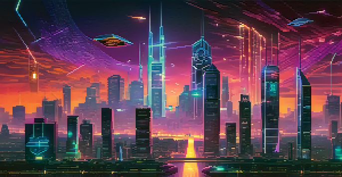 A futuristic city skyline at dusk with blockchain-themed buildings illuminated in neon colors and flying vehicles in the sky.
