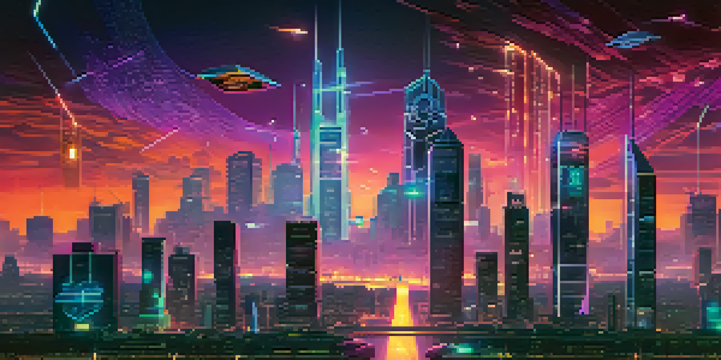 A futuristic city skyline at dusk with blockchain-themed buildings illuminated in neon colors and flying vehicles in the sky.