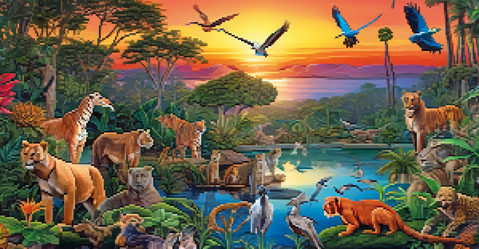 A digital collage of endangered animals in their natural habitats during a colorful sunset.