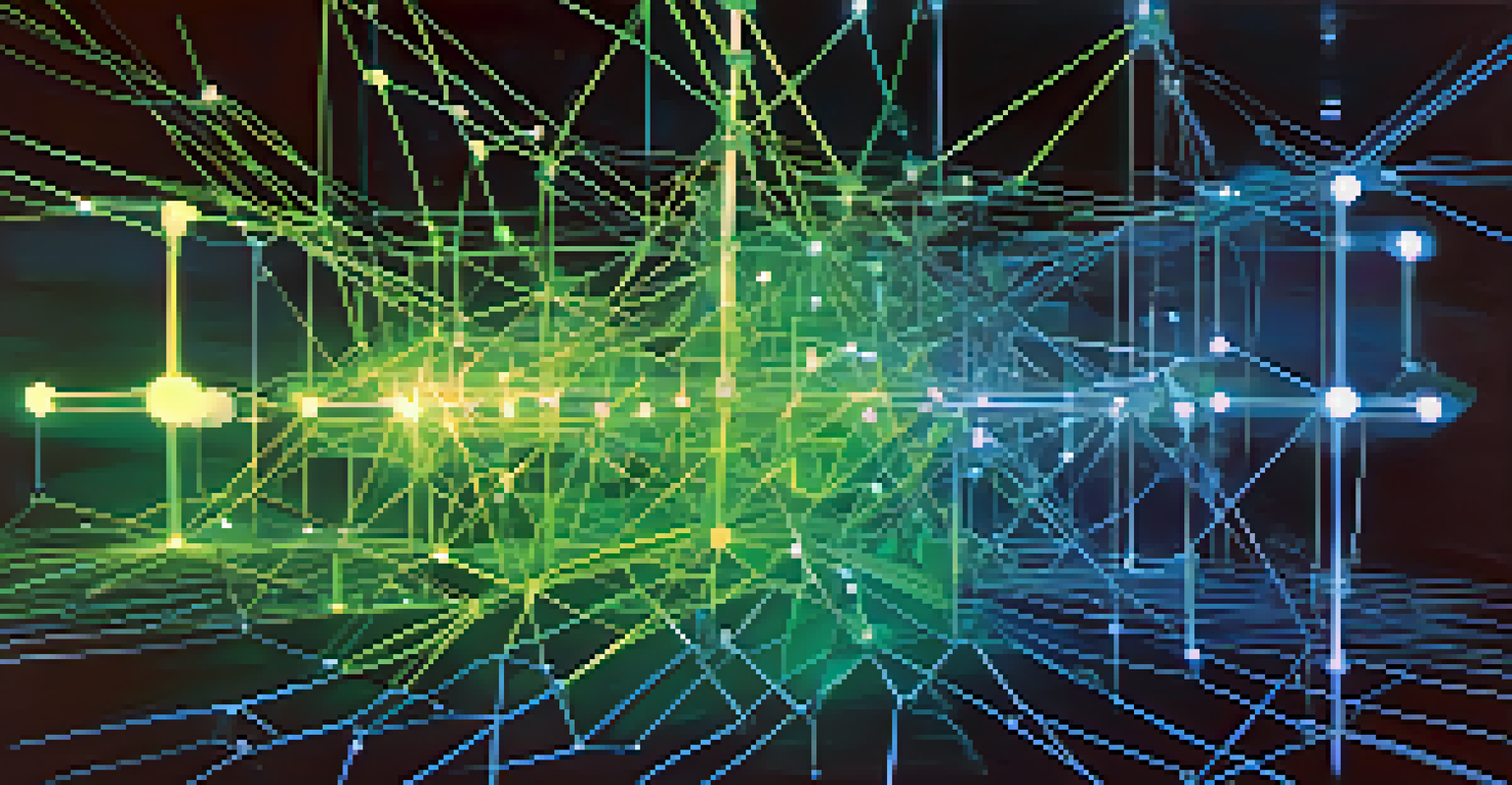 An abstract image of a blockchain network with glowing interconnected nodes in blue and green hues against a dark background.