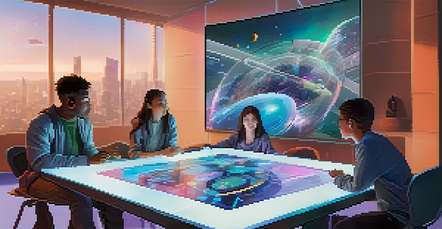A diverse group of students collaborating on an NFT project around a holographic display, in a modern classroom filled with advanced technology.