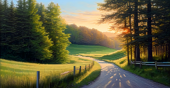 A peaceful landscape showing a fork in a road with one path leading through a forest and the other towards a meadow, illuminated by sunset colors.