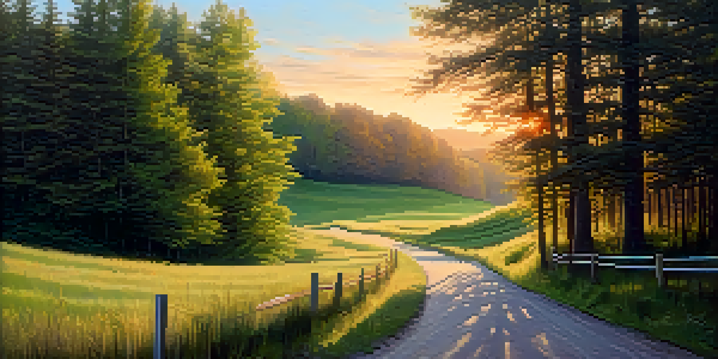 A peaceful landscape showing a fork in a road with one path leading through a forest and the other towards a meadow, illuminated by sunset colors.