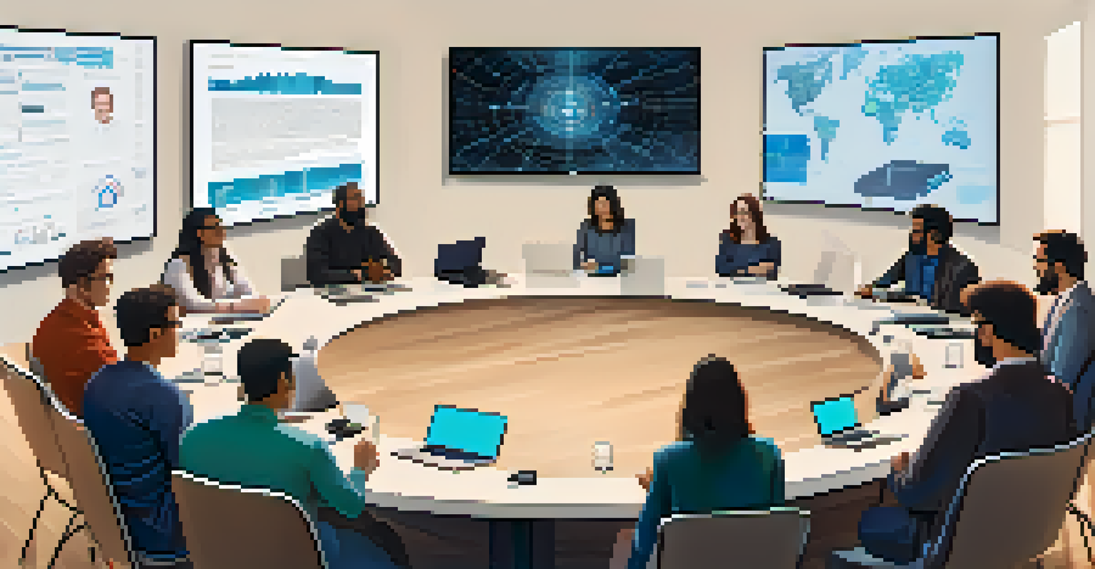 A diverse group of people engaged in a community meeting about blockchain governance around a circular table.