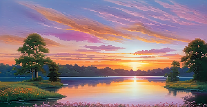 A picturesque sunrise over a calm lake with green trees and colorful wildflowers in the foreground.
