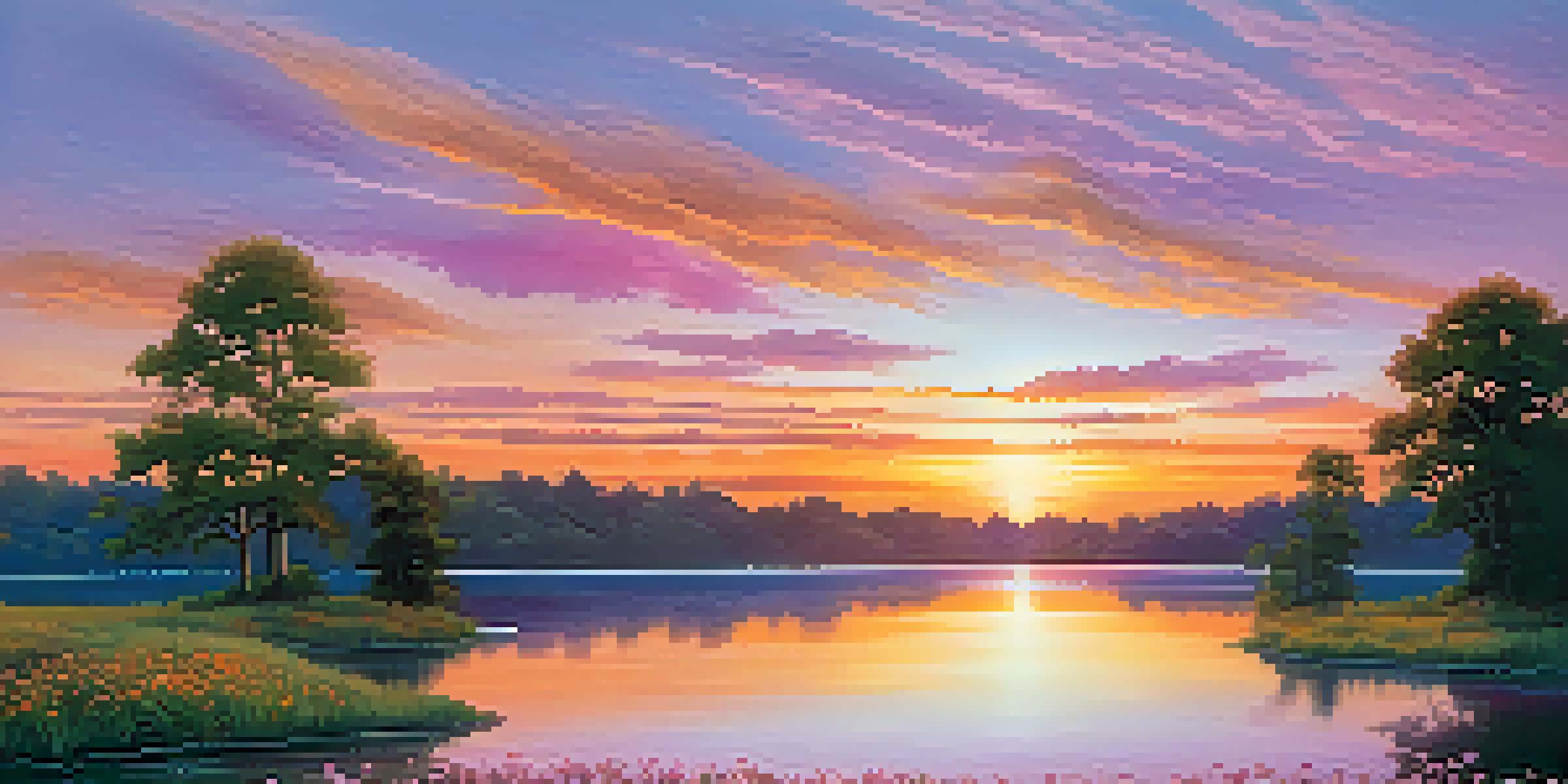 A picturesque sunrise over a calm lake with green trees and colorful wildflowers in the foreground.