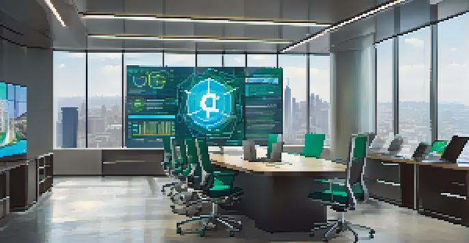 A diverse team of professionals in a modern office discussing blockchain technology with a digital screen in the background and a city skyline visible through large windows.