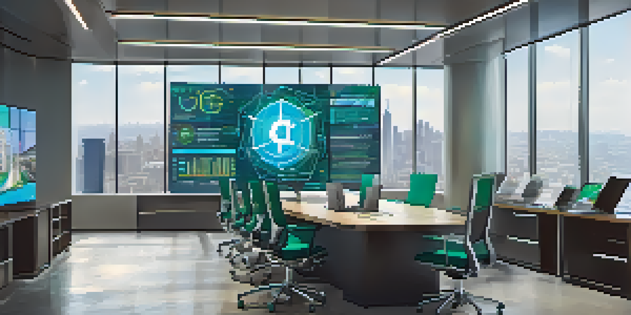 A diverse team of professionals in a modern office discussing blockchain technology with a digital screen in the background and a city skyline visible through large windows.