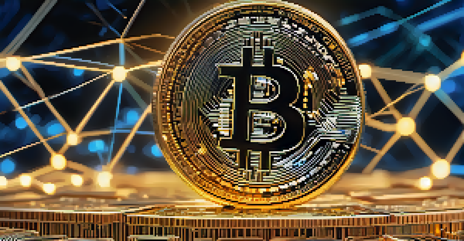 A close-up of a Bitcoin coin on a digital ledger with glowing blockchain lines, showcasing the intricate details and colors of cryptocurrency.