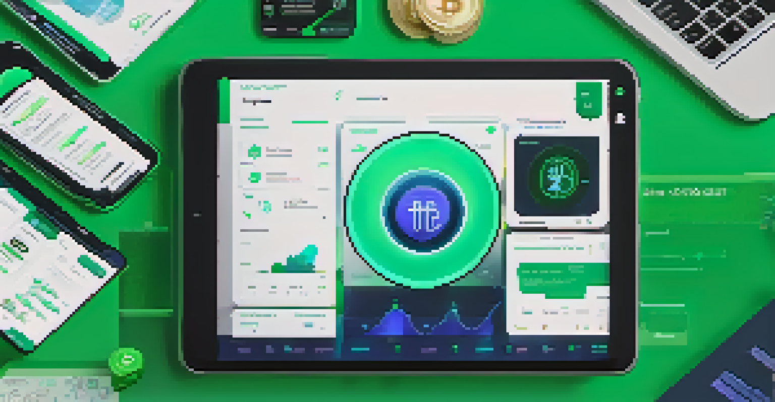 A tablet displaying a dark mode cryptocurrency app with green and blue accents, showing engaging animations.