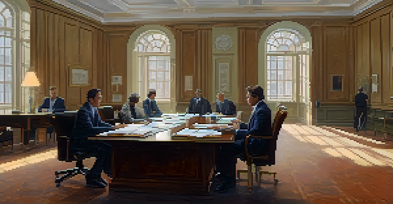 An arbitration room where two parties are discussing a smart contract with legal documents on the table.