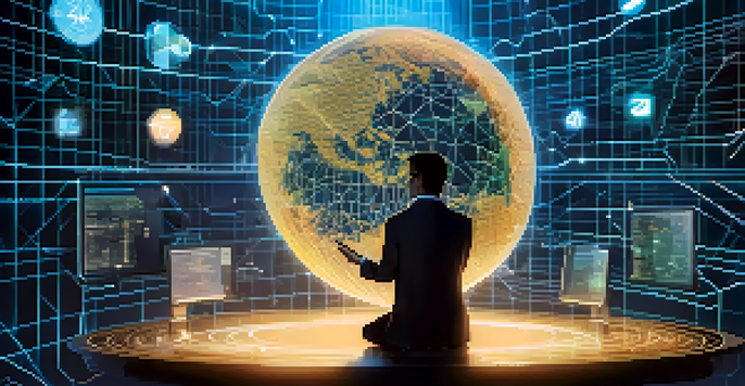 A person using a digital device to send cryptocurrency across a globe, with Bitcoin and blockchain elements in the background.