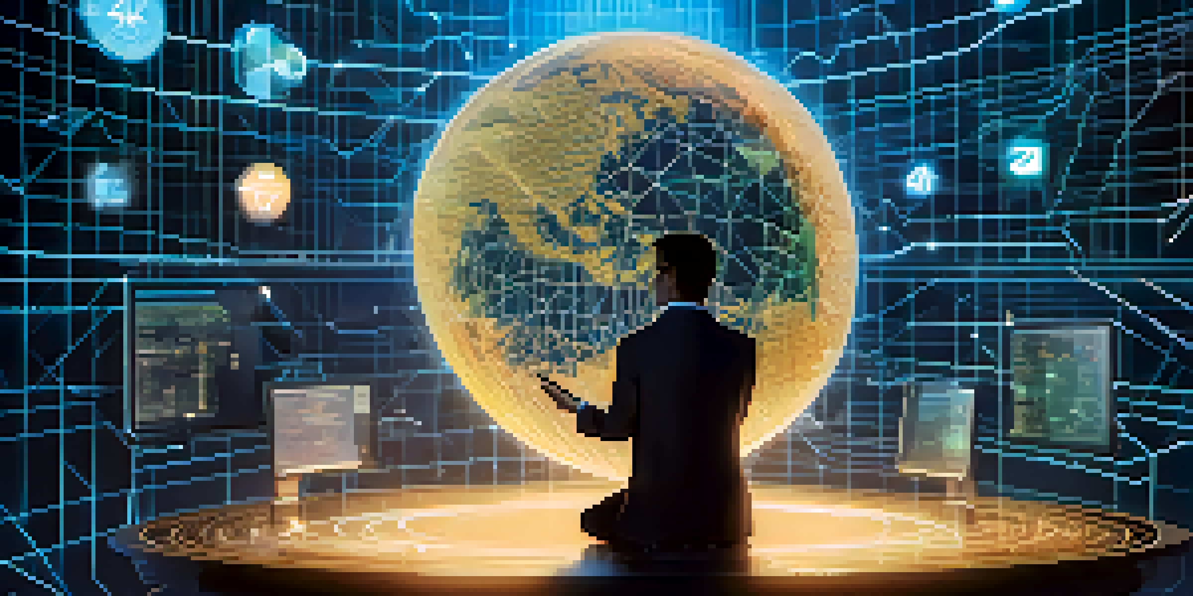 A person using a digital device to send cryptocurrency across a globe, with Bitcoin and blockchain elements in the background.