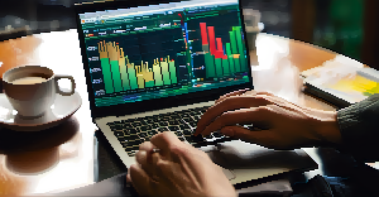 Close-up of hands typing on a laptop with colorful financial charts on the screen and a cup of coffee beside it.