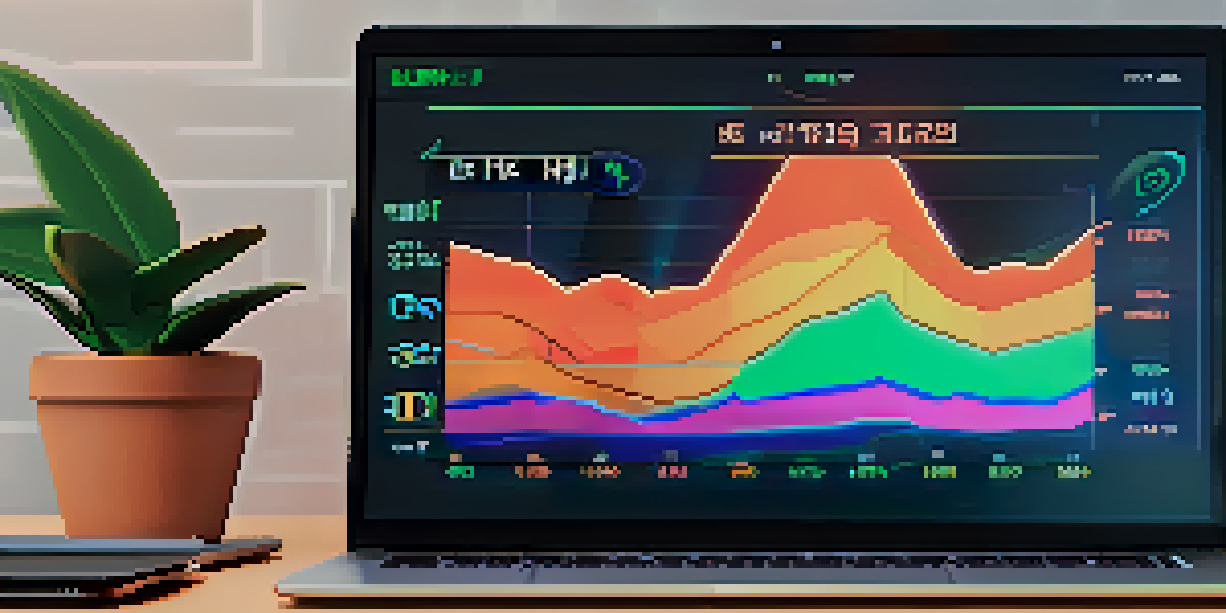 A laptop displaying a cryptocurrency trading chart with highlighted support and resistance levels, surrounded by a cozy desk setup.