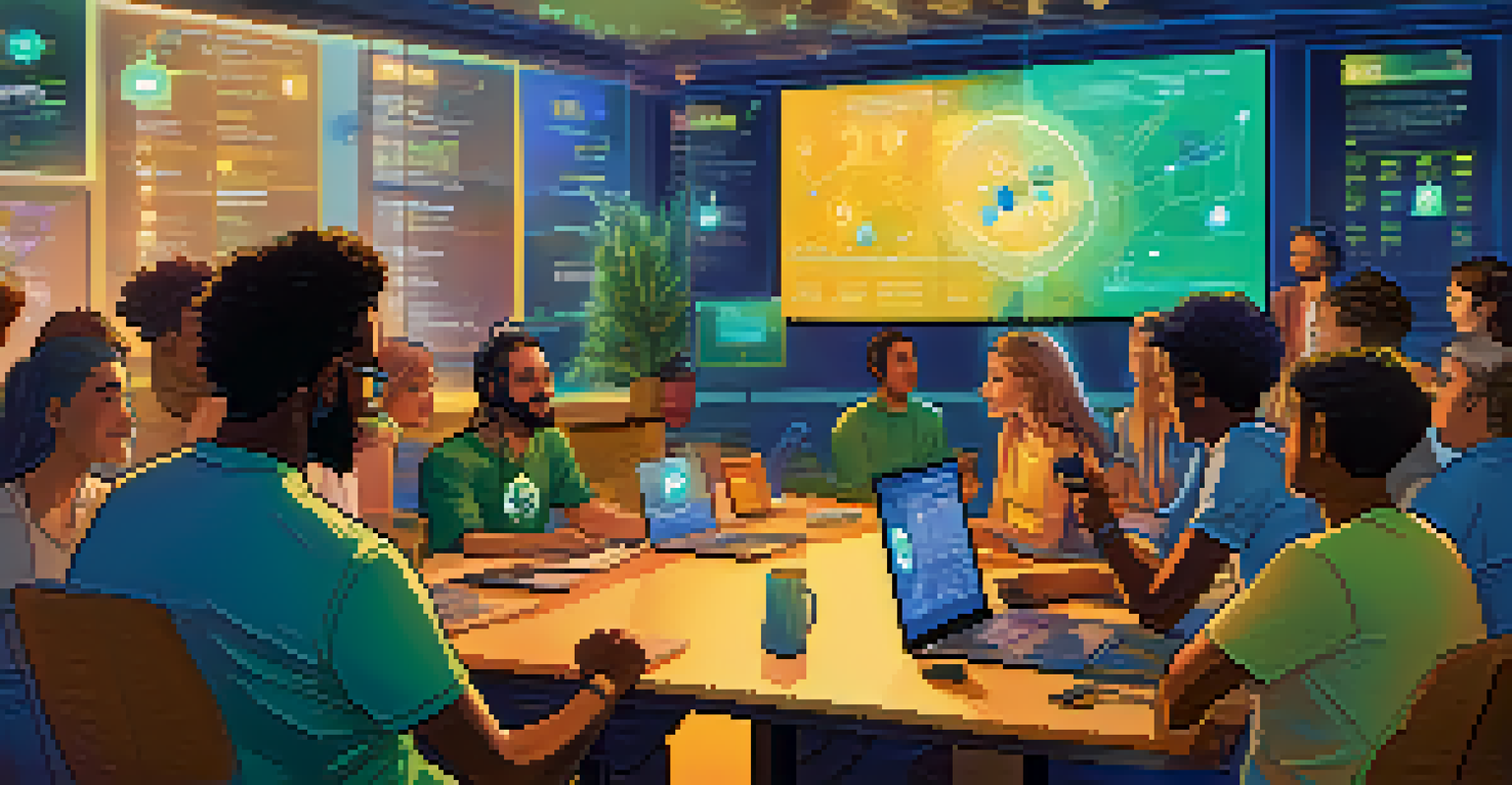 A diverse group of people participating in a video call about cryptocurrency investments, with charts on the wall.