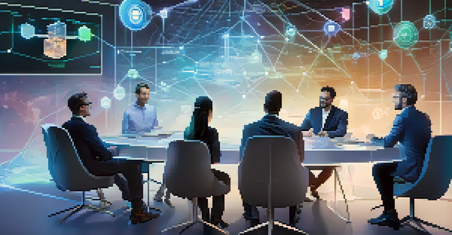 A diverse group of supply chain partners collaborating around a table with a holographic blockchain interface displayed above.