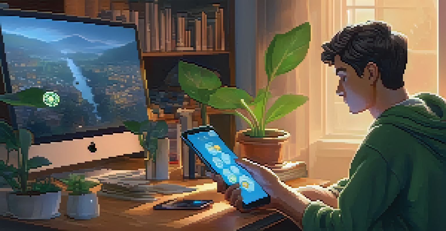 A person sitting in a cozy room using a smartphone to make a cryptocurrency transaction, with books and plants in the background.
