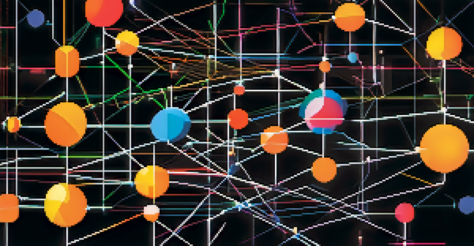 An abstract visualization of blockchain technology with interconnected nodes and vibrant lines on a dark background.