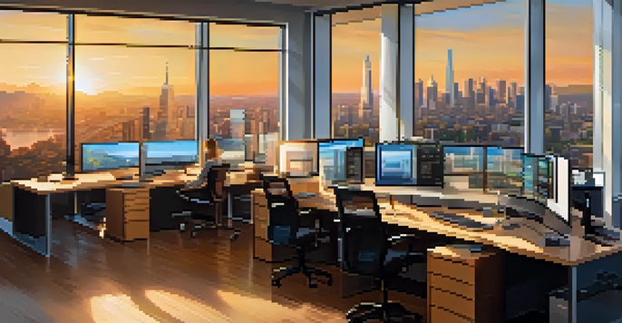 A modern treasury office with digital screens showing cryptocurrency data, illuminated by warm golden light from a sunset city skyline.