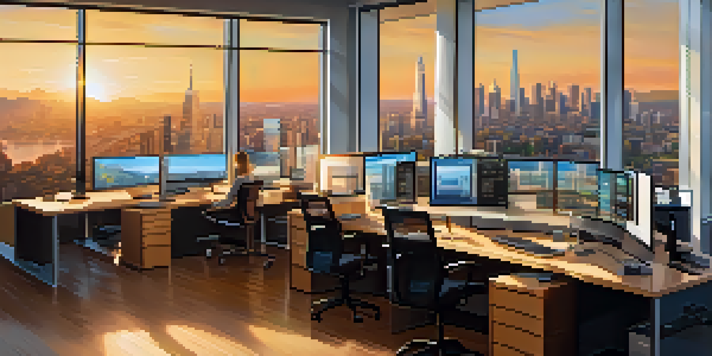 A modern treasury office with digital screens showing cryptocurrency data, illuminated by warm golden light from a sunset city skyline.