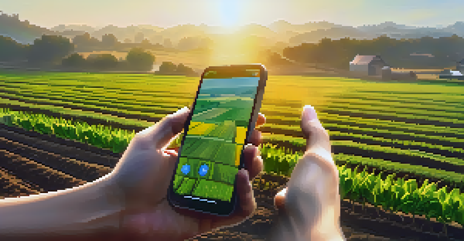 A farmer in a field using a mobile phone for a cryptocurrency transaction, with crops in the background and sunlight creating a warm atmosphere.