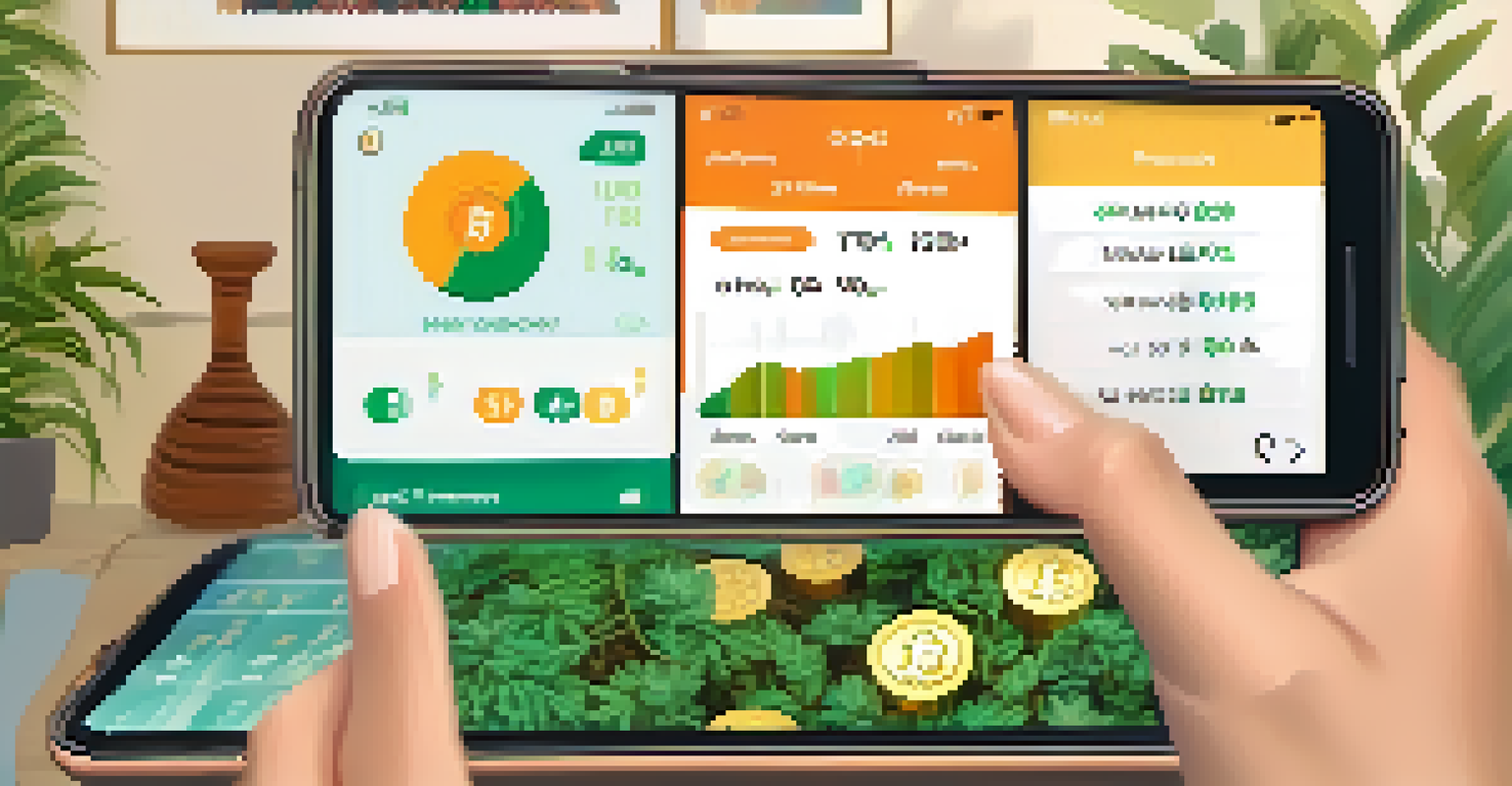 A close-up of a smartphone showing a cryptocurrency trading app, held by a woman's hand in a cozy home setting.