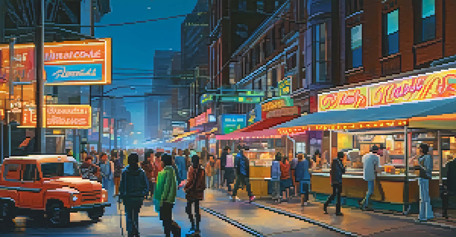 A lively city street at night with neon lights, people walking, and a food truck.