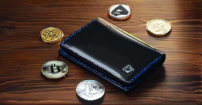 A modern hardware wallet on a wooden desk with glowing cryptocurrency symbols around it.