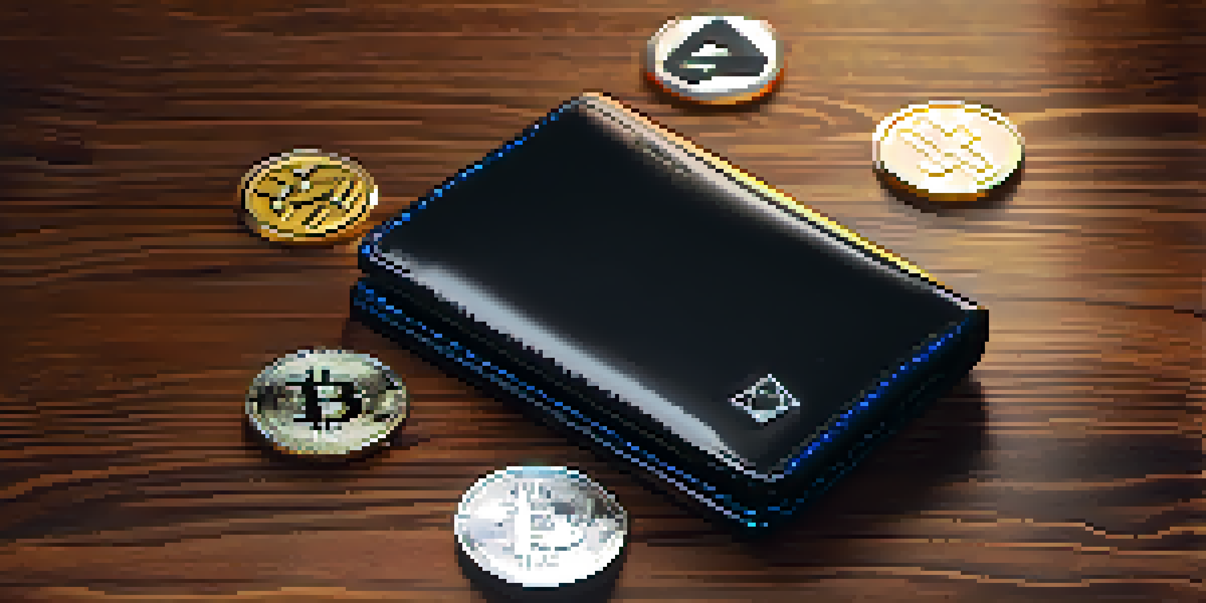 A modern hardware wallet on a wooden desk with glowing cryptocurrency symbols around it.