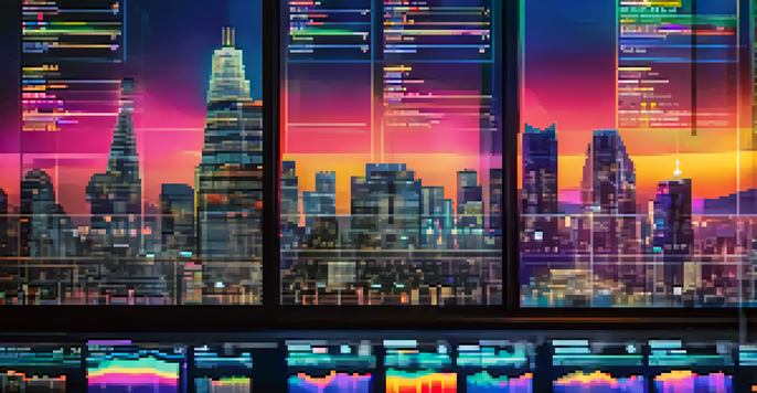 A close-up of a digital trading interface showing cryptocurrency charts with vibrant colors, set against a blurred city skyline at dusk.