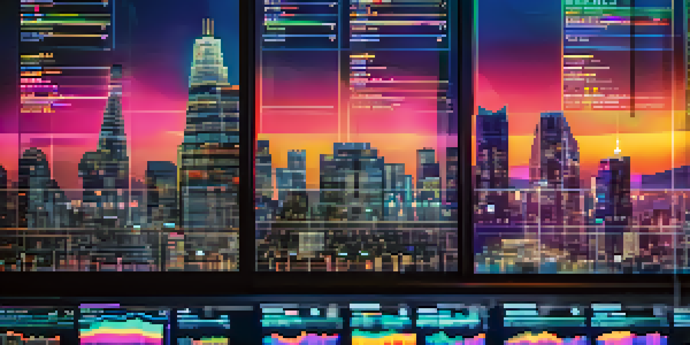 A close-up of a digital trading interface showing cryptocurrency charts with vibrant colors, set against a blurred city skyline at dusk.
